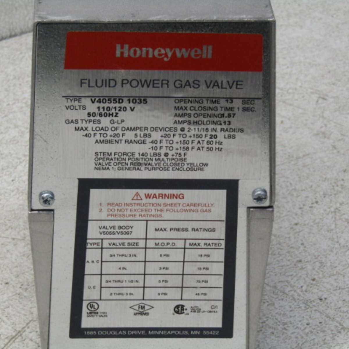 Honeywell, INC V4055D1035 OnOff Fluid Power Gas Valve Actuator, 120