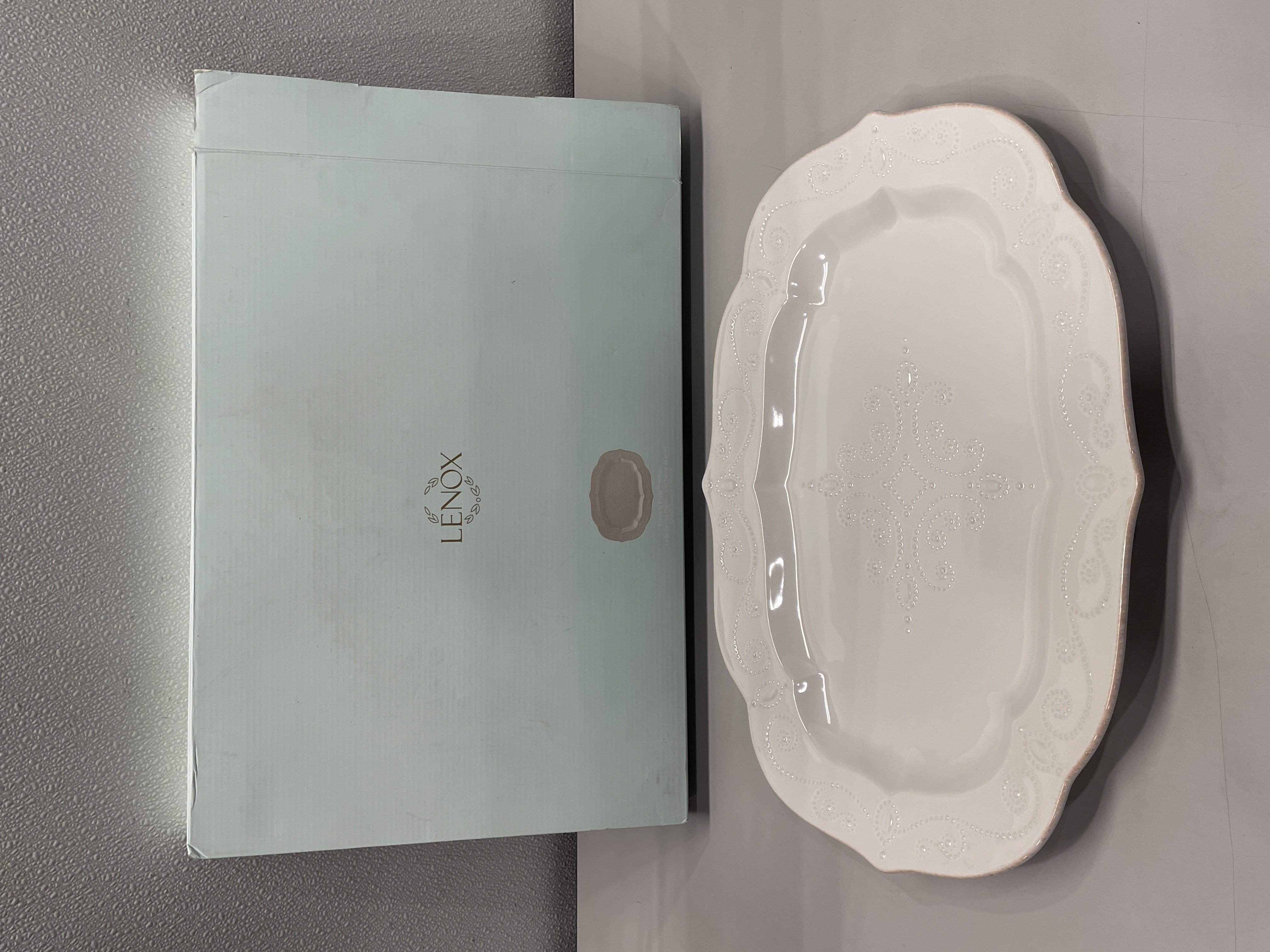 Lenox FRENCH PERLE BEAD GREY Oval Serving Platter N/O