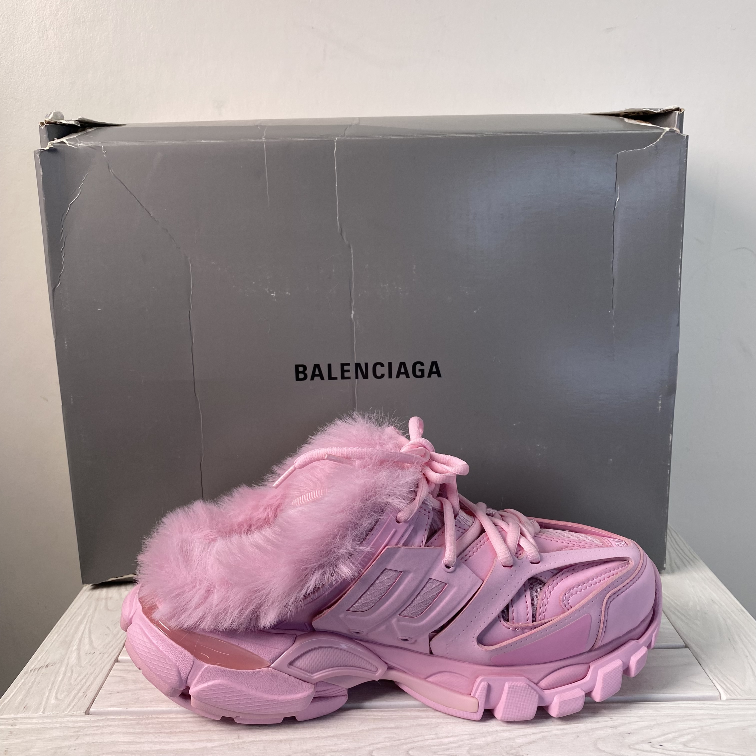 Balenciaga Womens US6 EU36 Track Mule Sweet Pink Faux Fur Open