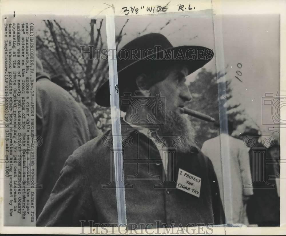 1967 Press Photo Amish farmer smokes a cigar while protesting the cigar  tax, PA