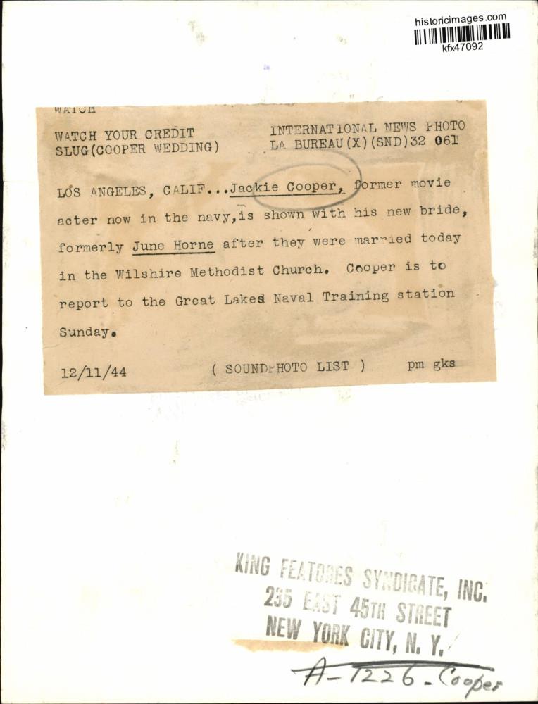 その他 june bride letter 1944 Press Photo Jackie Cooper & bride June Horne at