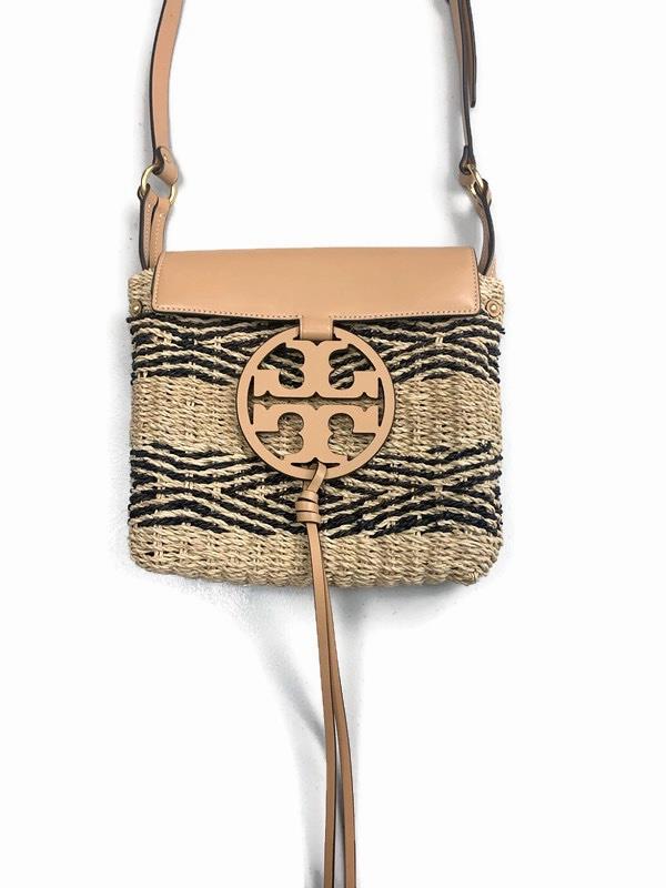 Tory Burch Miller Stripe Woven Straw Crossbody Handbag Purse Leather Logo | eBay