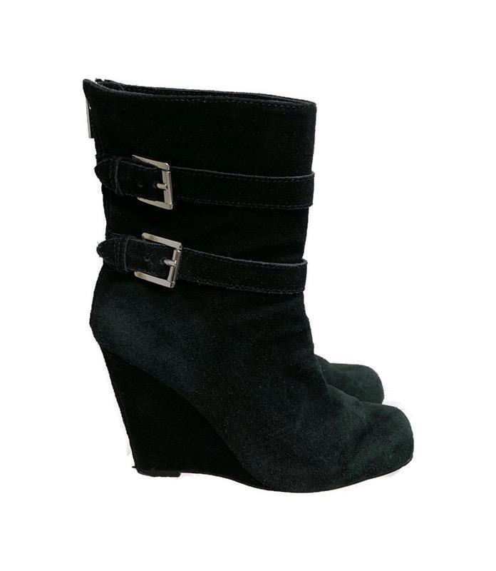 double buckle side zipper wedge boots