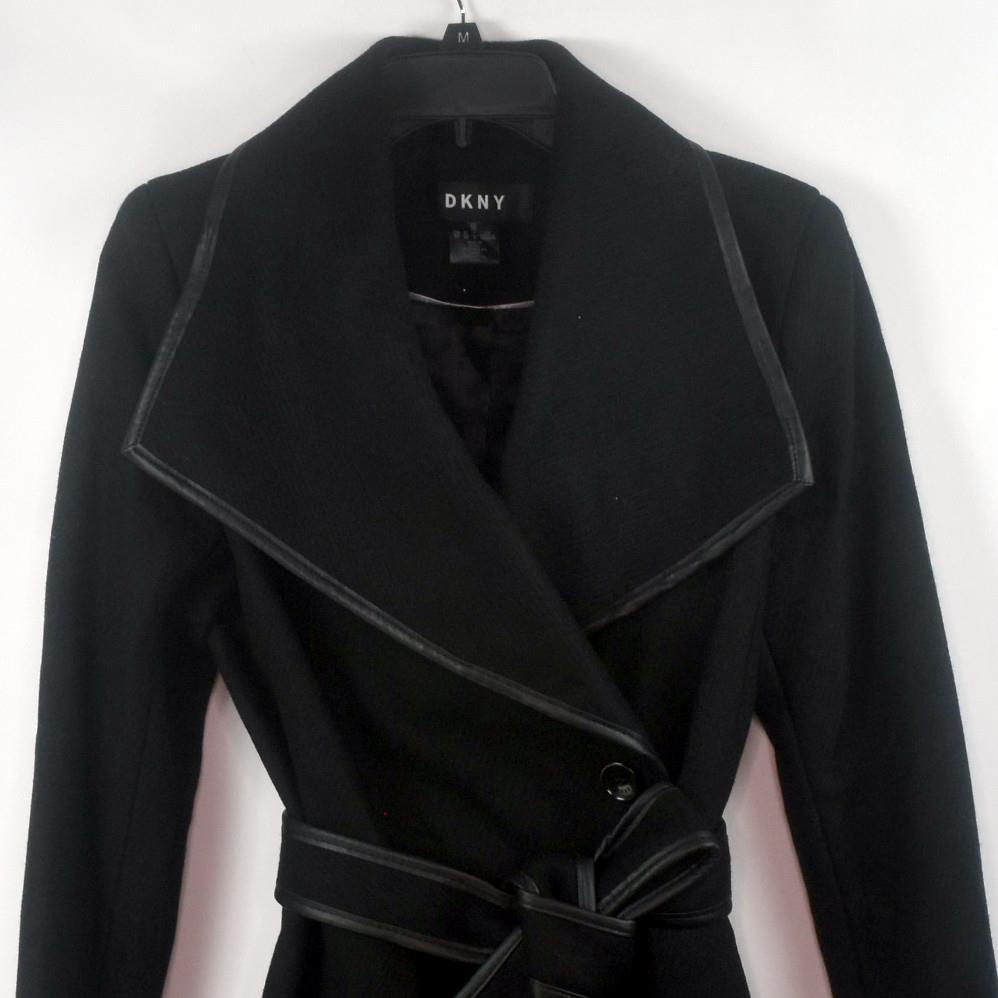 dkny faux leather trim wrap coat