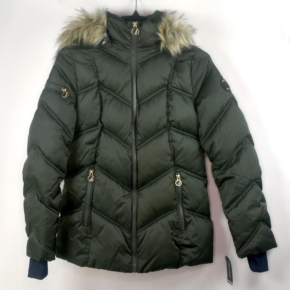 Nautica Womens FauxFurTrim Hooded Puffer Jacket Coat Military Green
