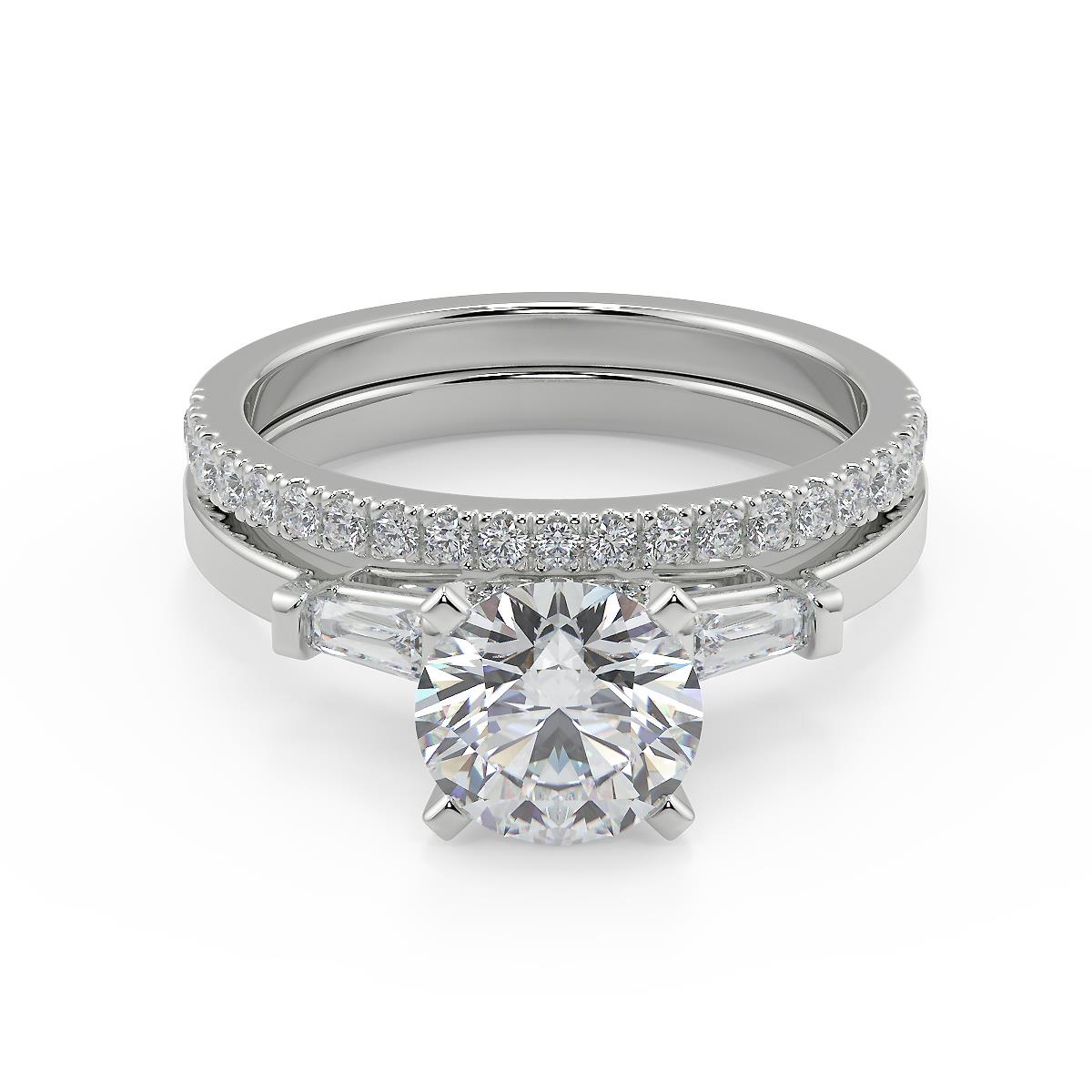 1.3 Ct Round Cut Baguette Accents Diamond Engagement Ring Set I1 H