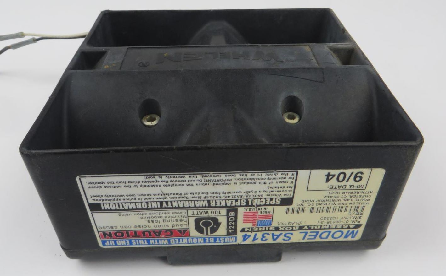 Whelen SA314 100 Watt Assembly Box Siren Speaker P/N: 01-0883513