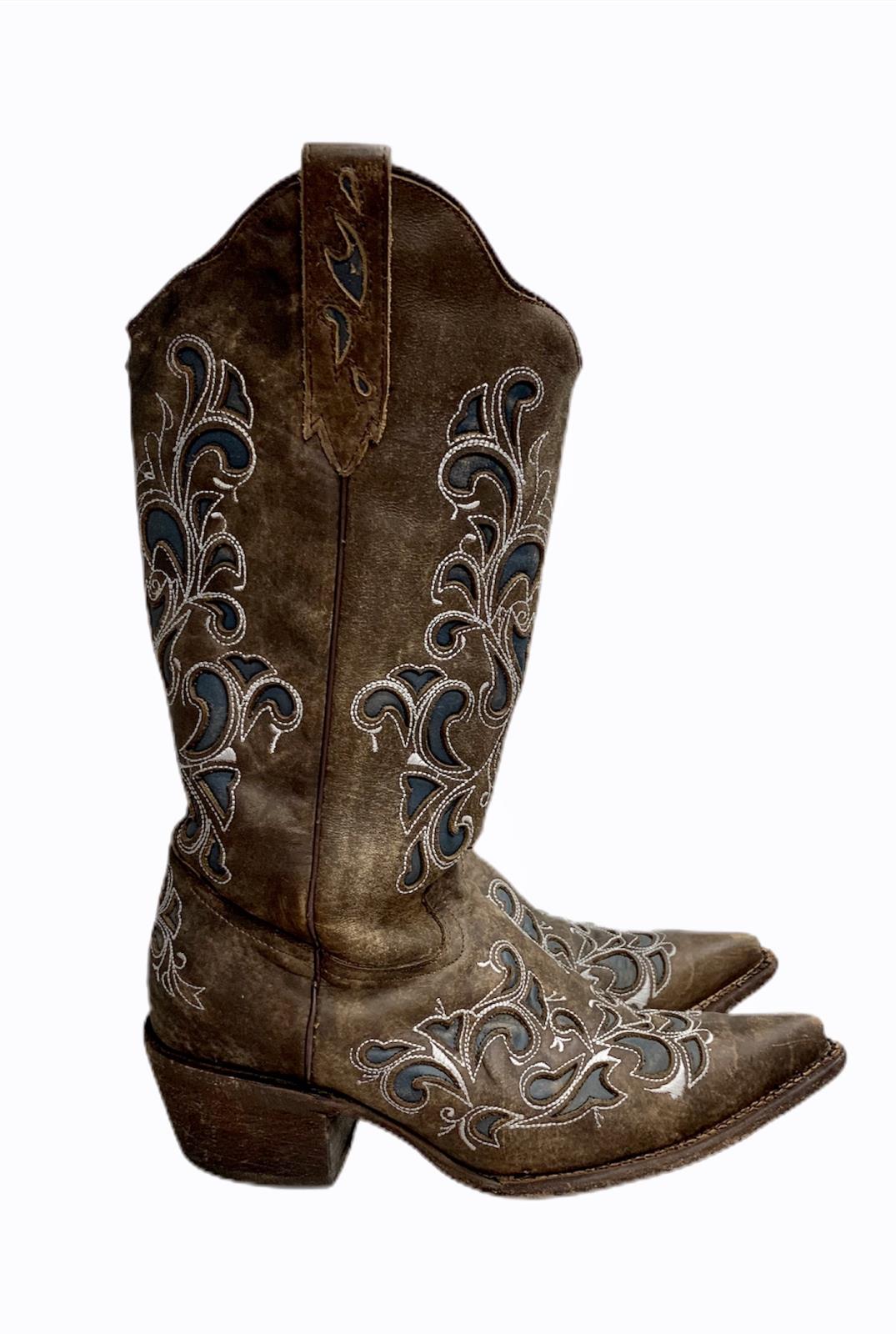 blue and brown cowboy boots