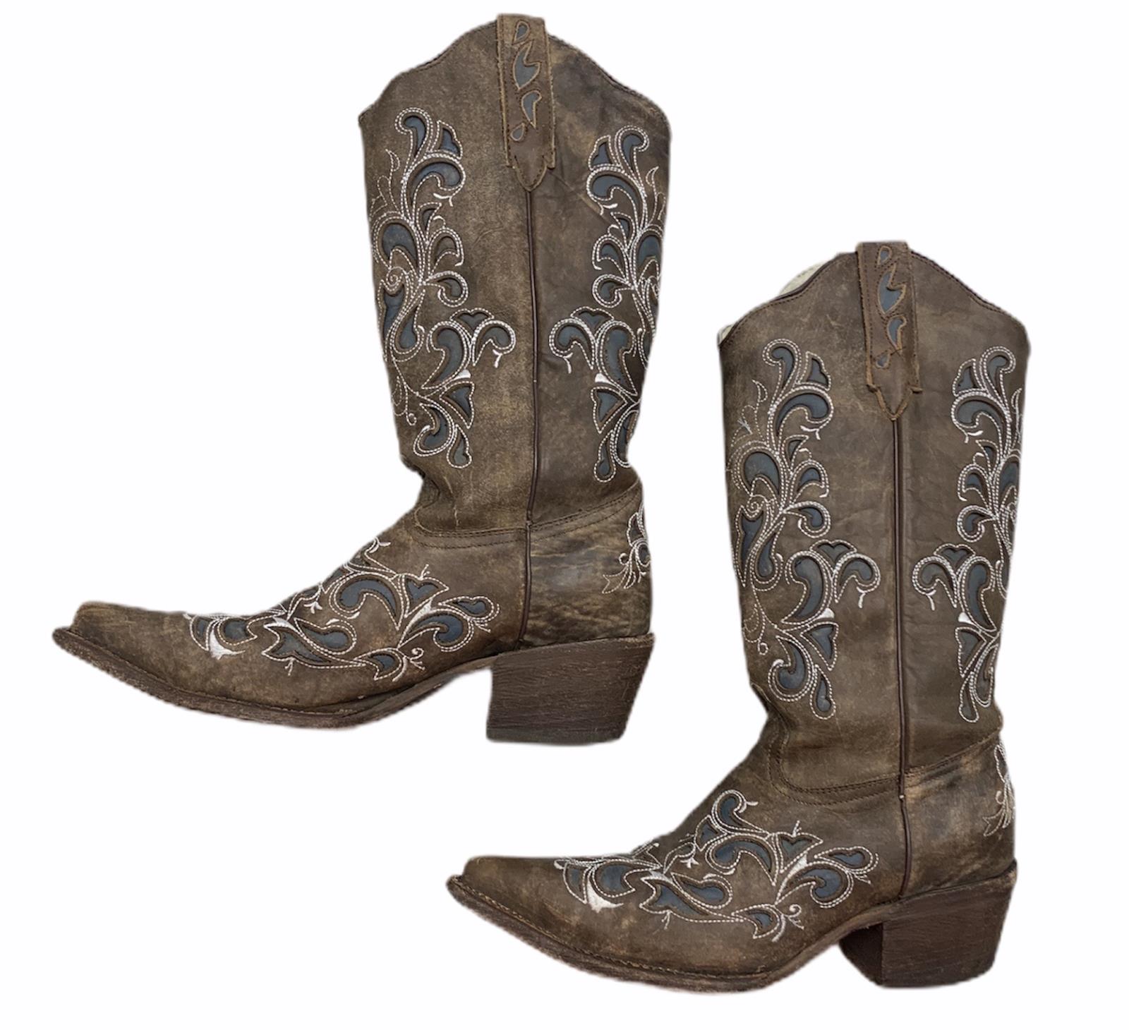 blue and brown cowboy boots