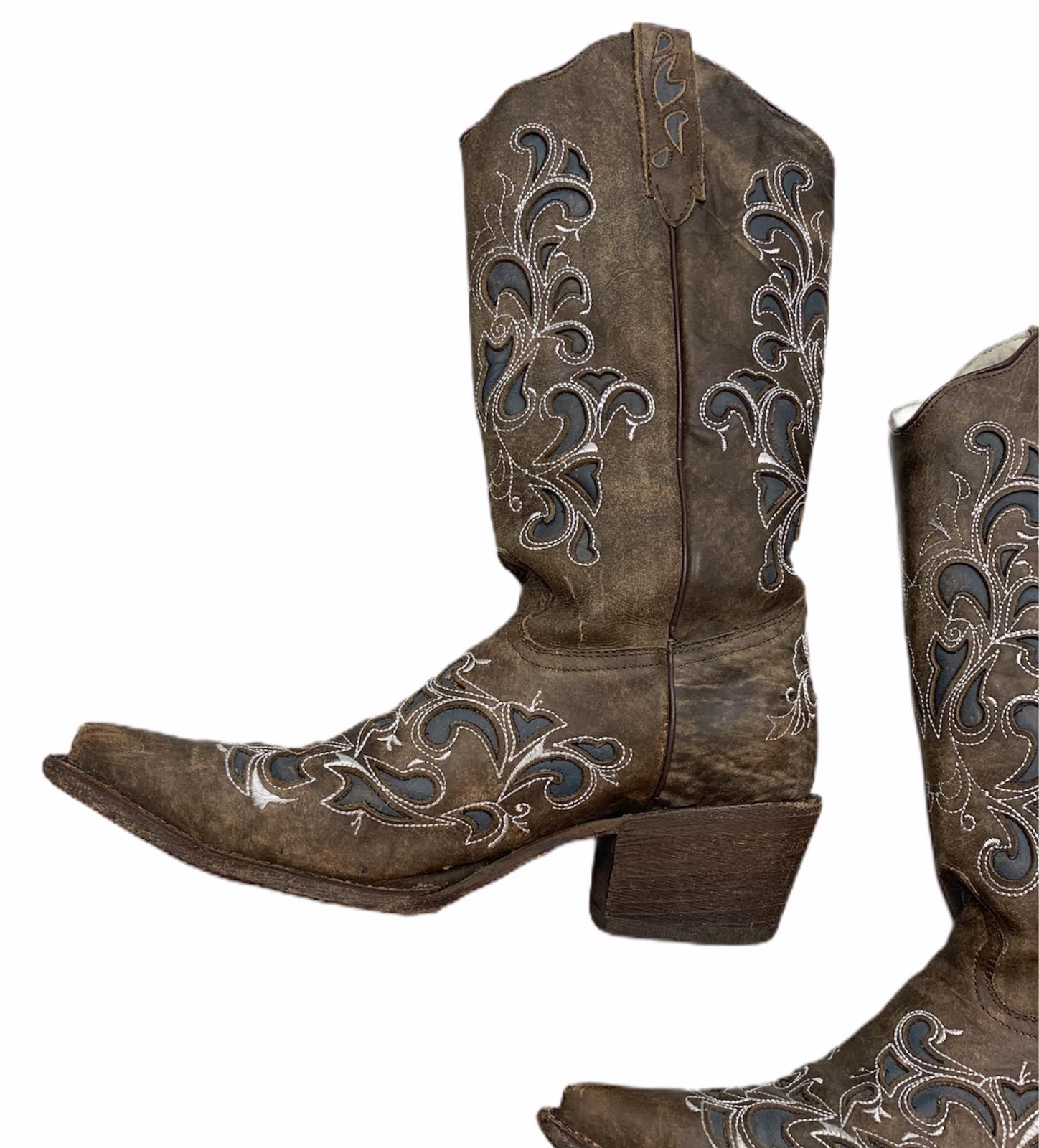 blue and brown cowboy boots