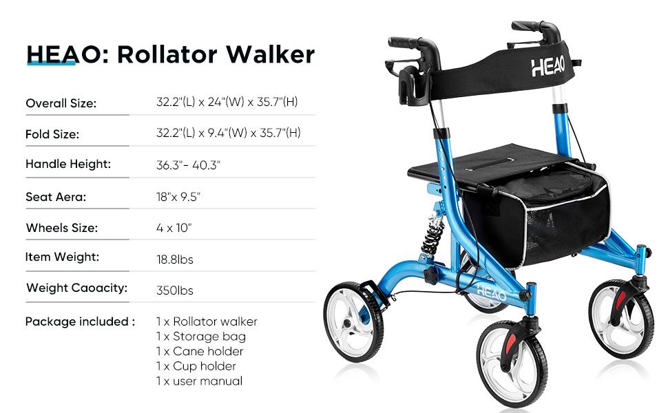 HEAO Rollator Walker with Shock Absorber for Seniors,4 x 10" Wheels