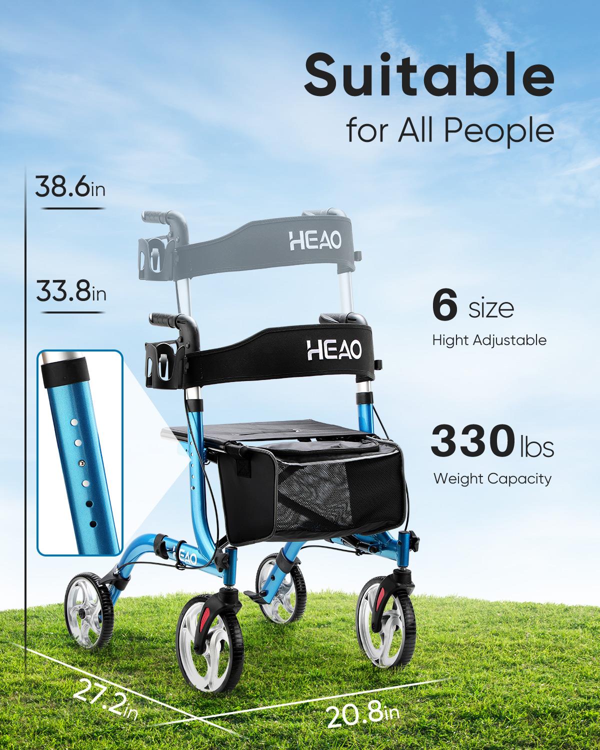 HEAO Rollator Walker with Seat for Seniors, 10" Wheels Walker