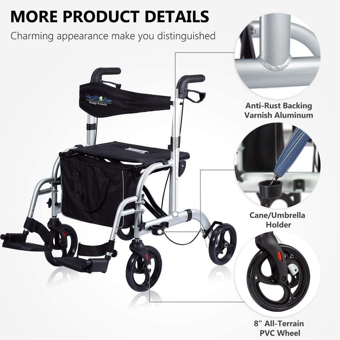 Health Line Aluminum 2 in 1 Medical Rollator Walker Transport Chair 300