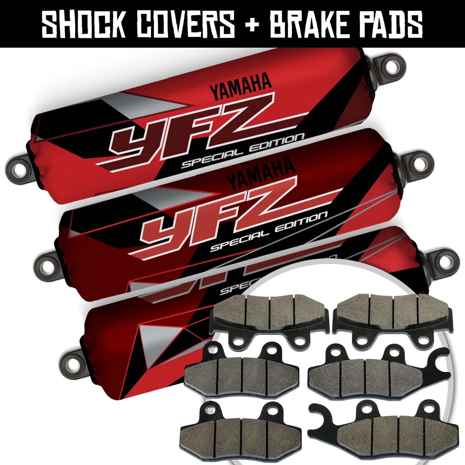 Front+Rear Red Shock Covers+Brake Pads for Yamaha YFZ450 R