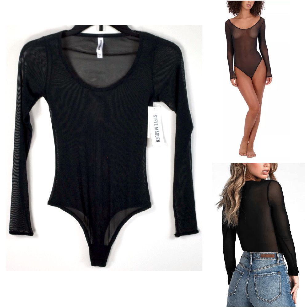 Steve Madden Sheer Long Sleeve Mesh Teddy Thong Bodysuit Ch Sz & Color SM11841 - Picture 8 of 10