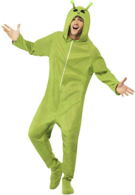 Smiffys Men's Green Alien Adult Footed Costume Jumpsuit with Hood Size ...