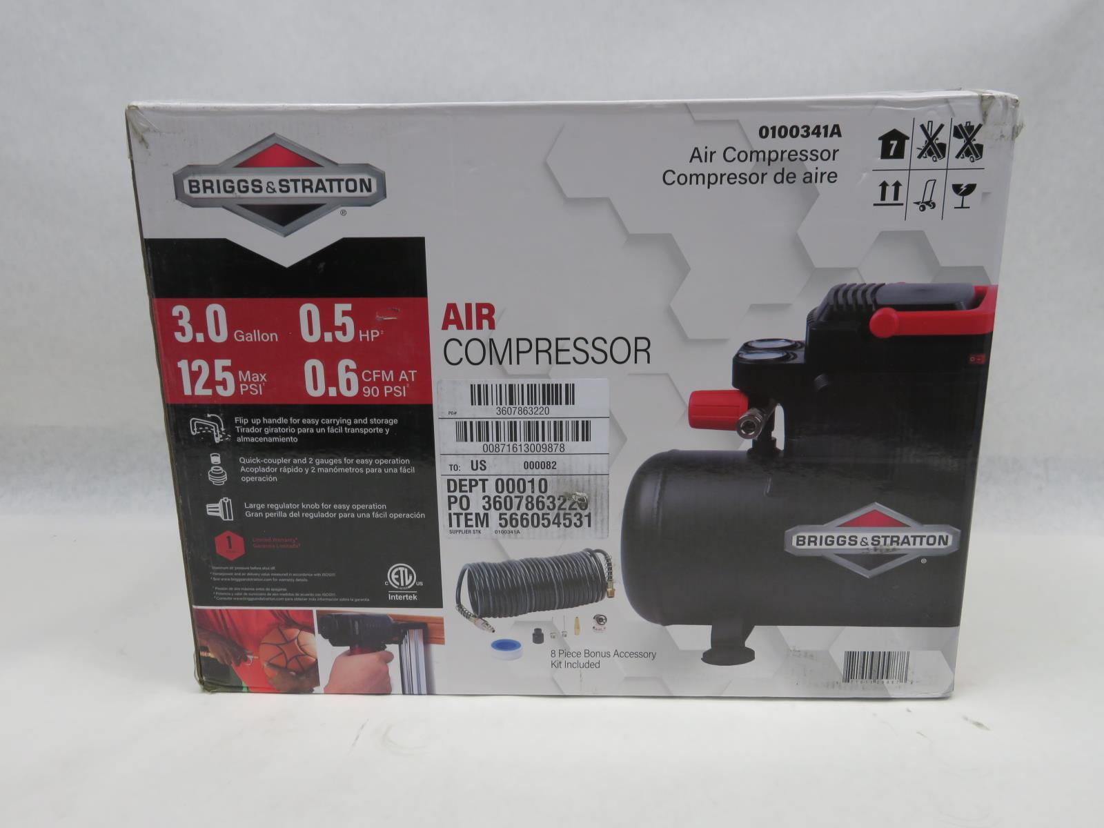 Briggs & Stratton 100341 Air Compressor 3 Gallon Hotdog Tank
