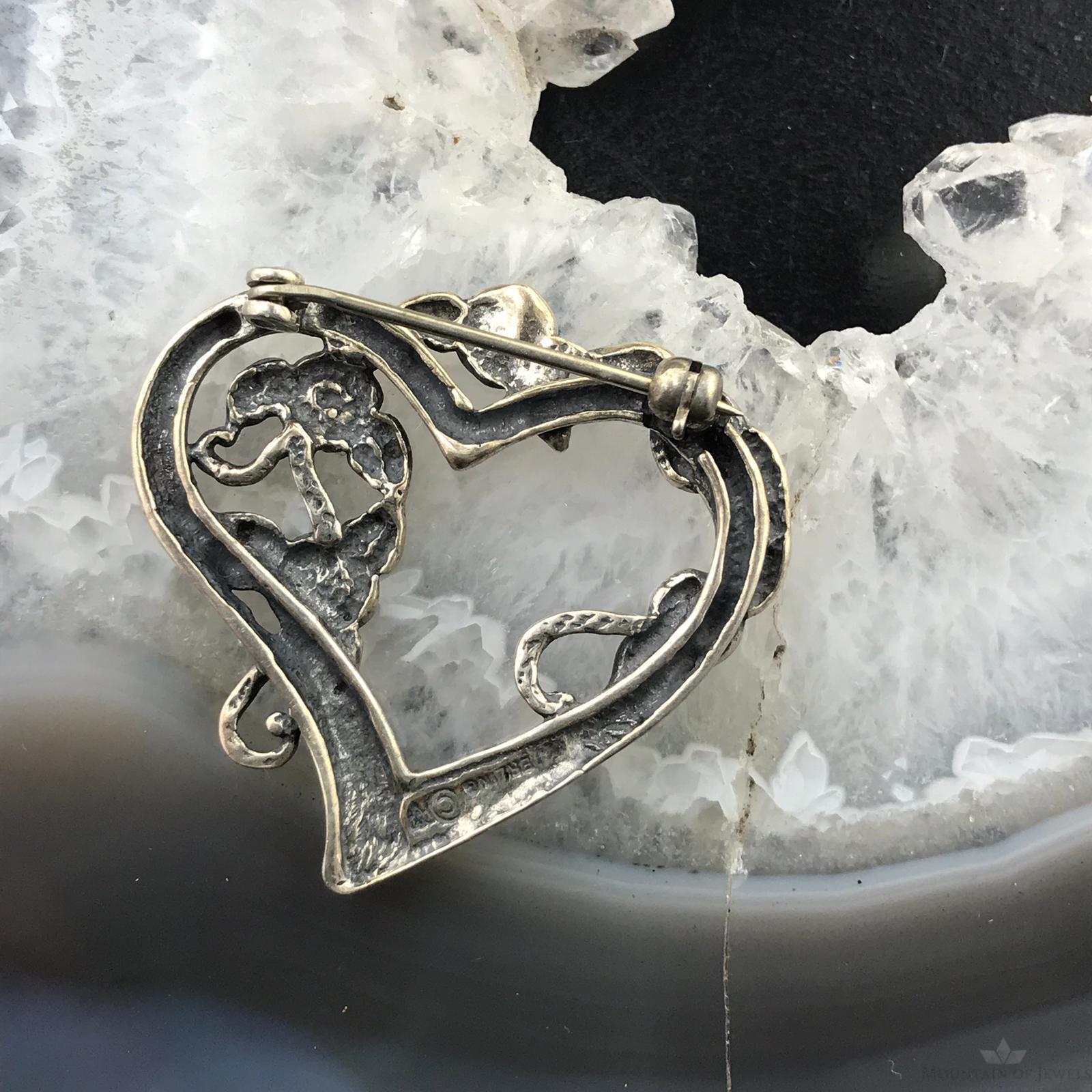 Sterling Silver Heart Shape Brooch, Flower Decorating Heart Brooch | eBay