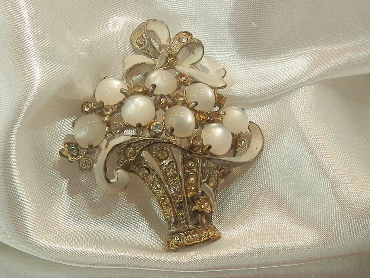 pearlescent enamel and silk Vintage MONET moonglow flower brooch with rhinestones