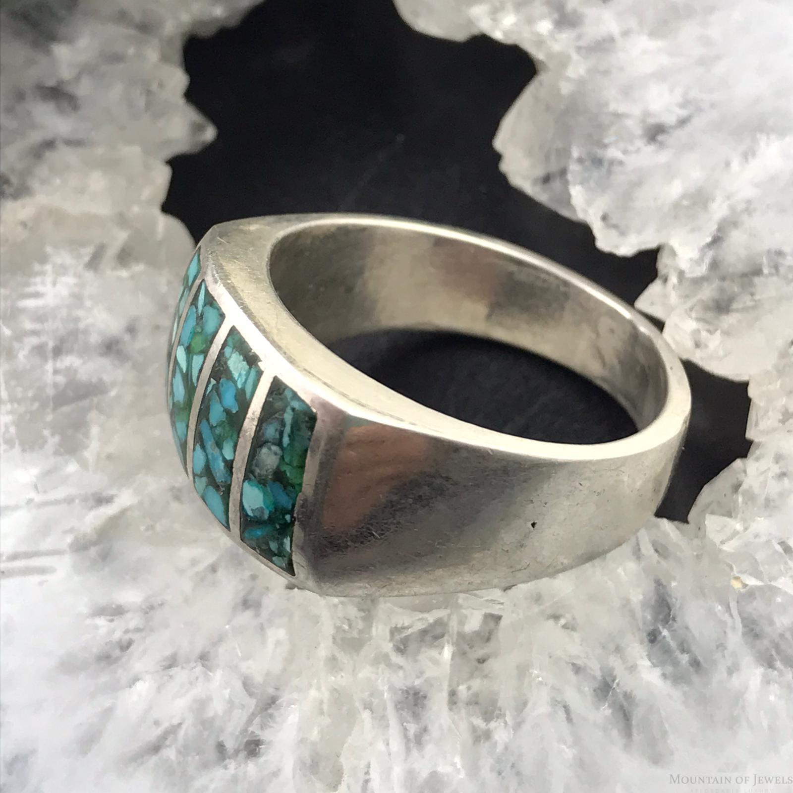 Native American Silver Turquoise Chip Inlay Ring Size 9.5