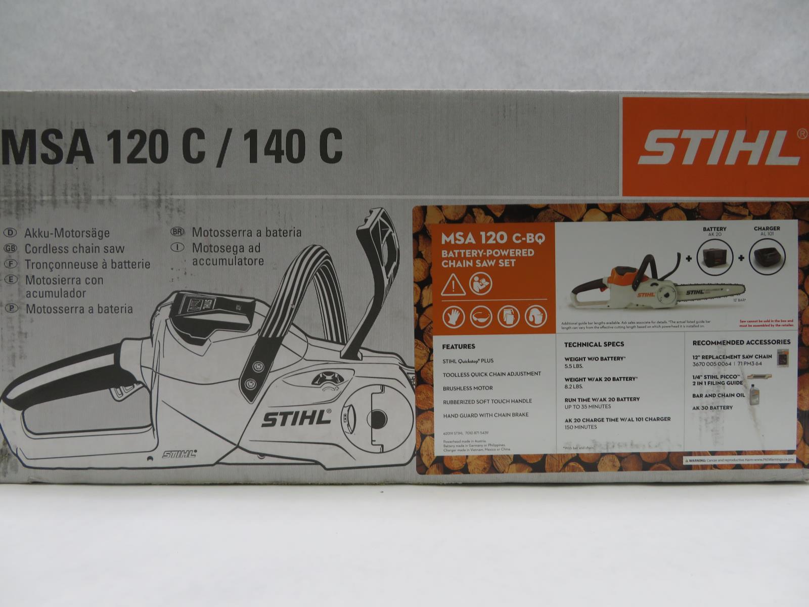Cordless STIHL 12" CHAINSAW Chain Saw MSA 120 C w/Blade Cover, Battery
