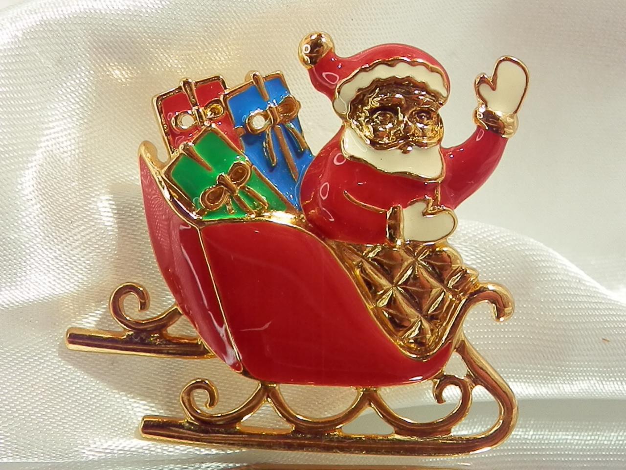 Large Vintage 70's Super Great Colorful Enamel Santa Sleigh Holiday ...