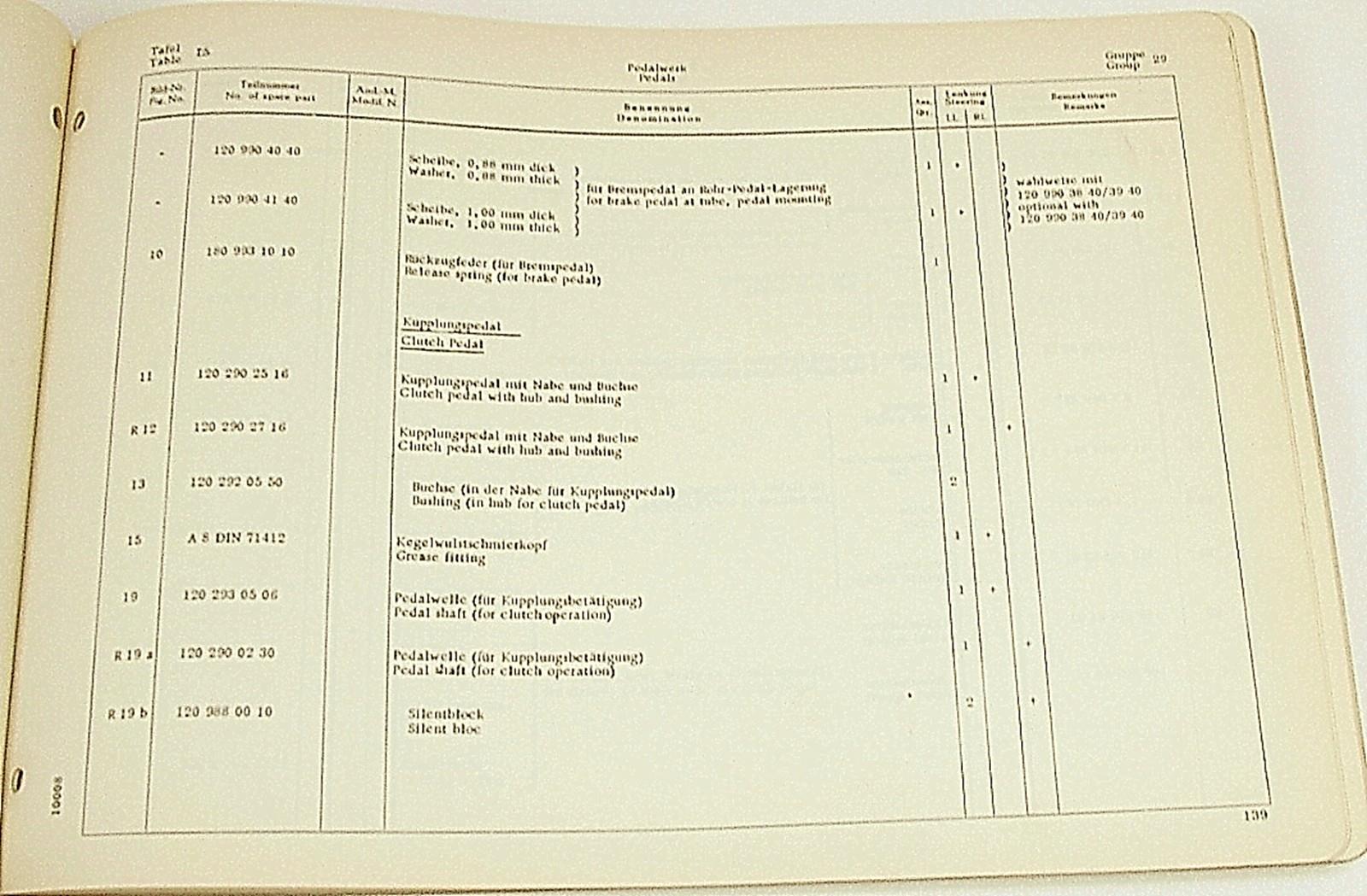 Genuine Mercedes Dealership Parts Manual Book with Part Numbers 1958-59