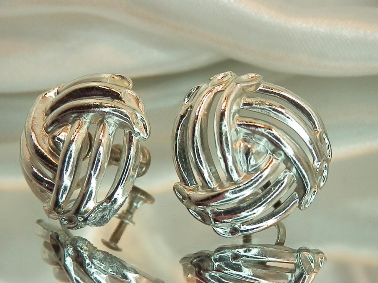 Vintage 50's Shiny Silver Tone Love Knot Eye Catching Screw Back