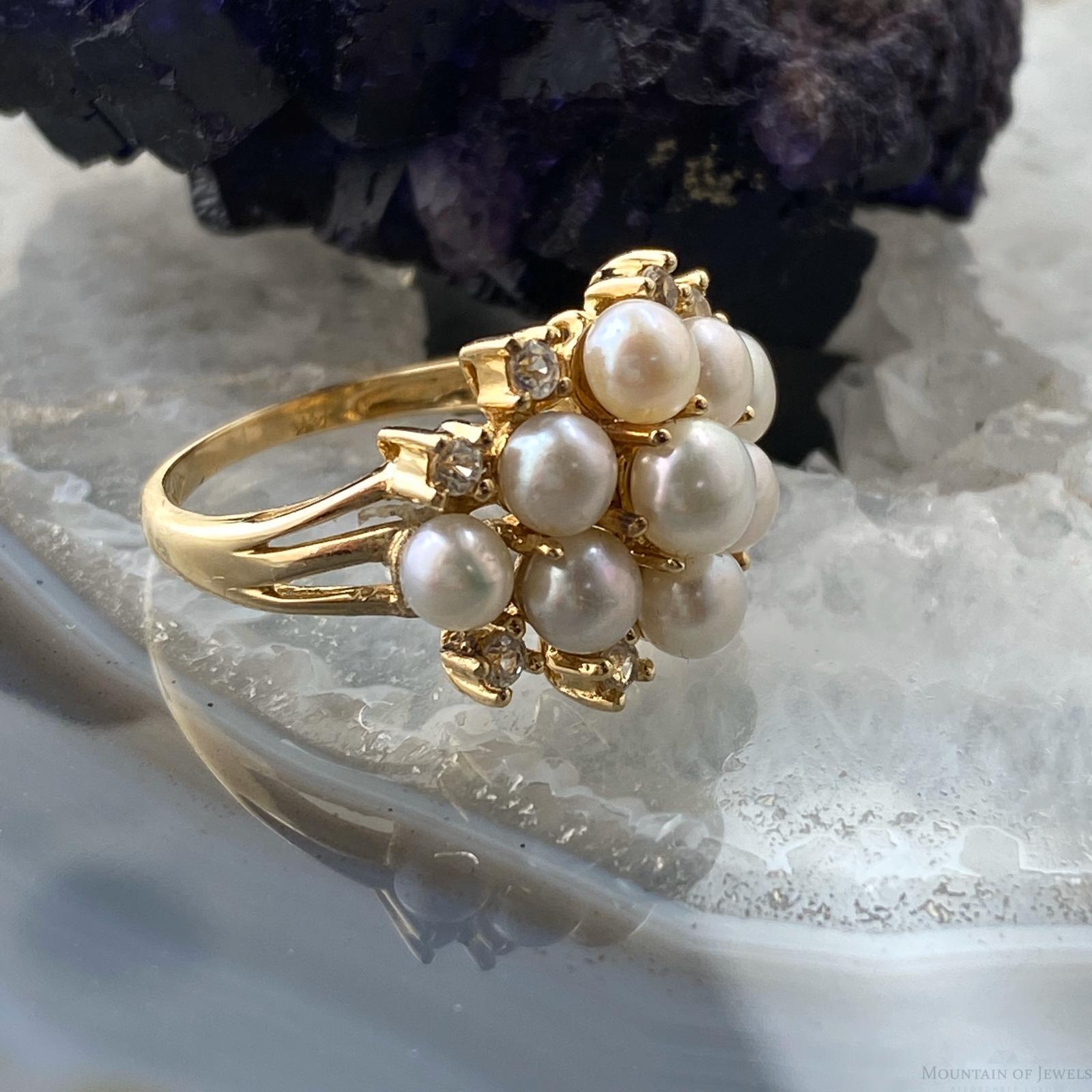 14K Yellow Gold Cluster Pearls and Diamonds Ring Size 7.25 For Women | eBay