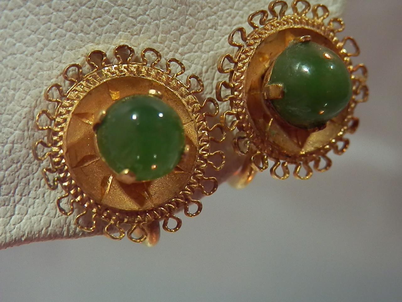 Antique Genuine Jadeite Jade 12k Gold Filled Filigree Clip On Earrings