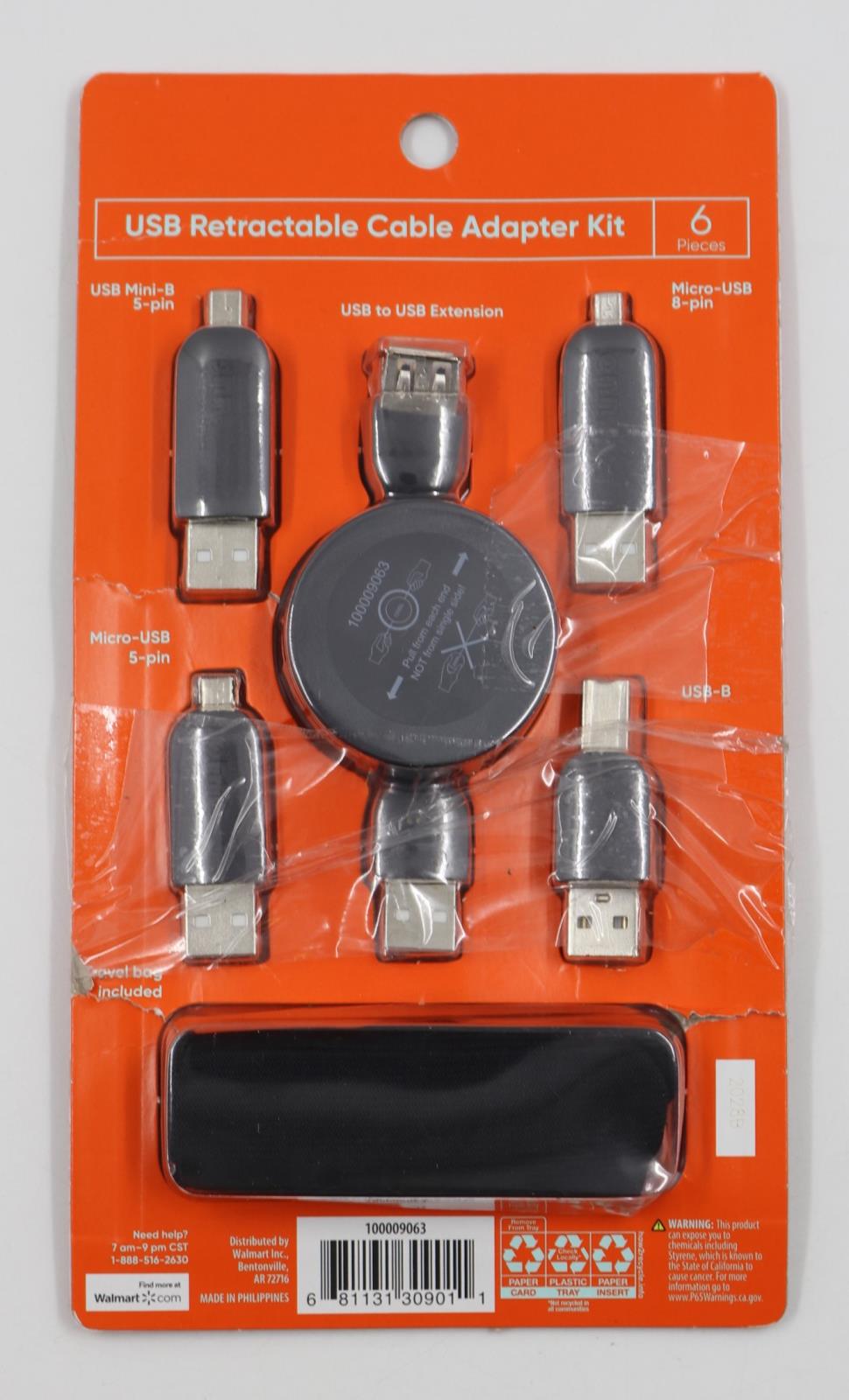 Onn. USB Retractable Cable Adapter Kit with 4 USB Adapters & Travel Bag