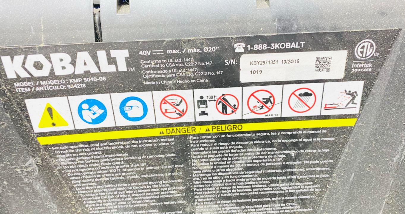 🌿 KOBALT 40v MAX BRUSHLESS 20" SELF PROPELLED CORDLESS LAWN MOWER KMP