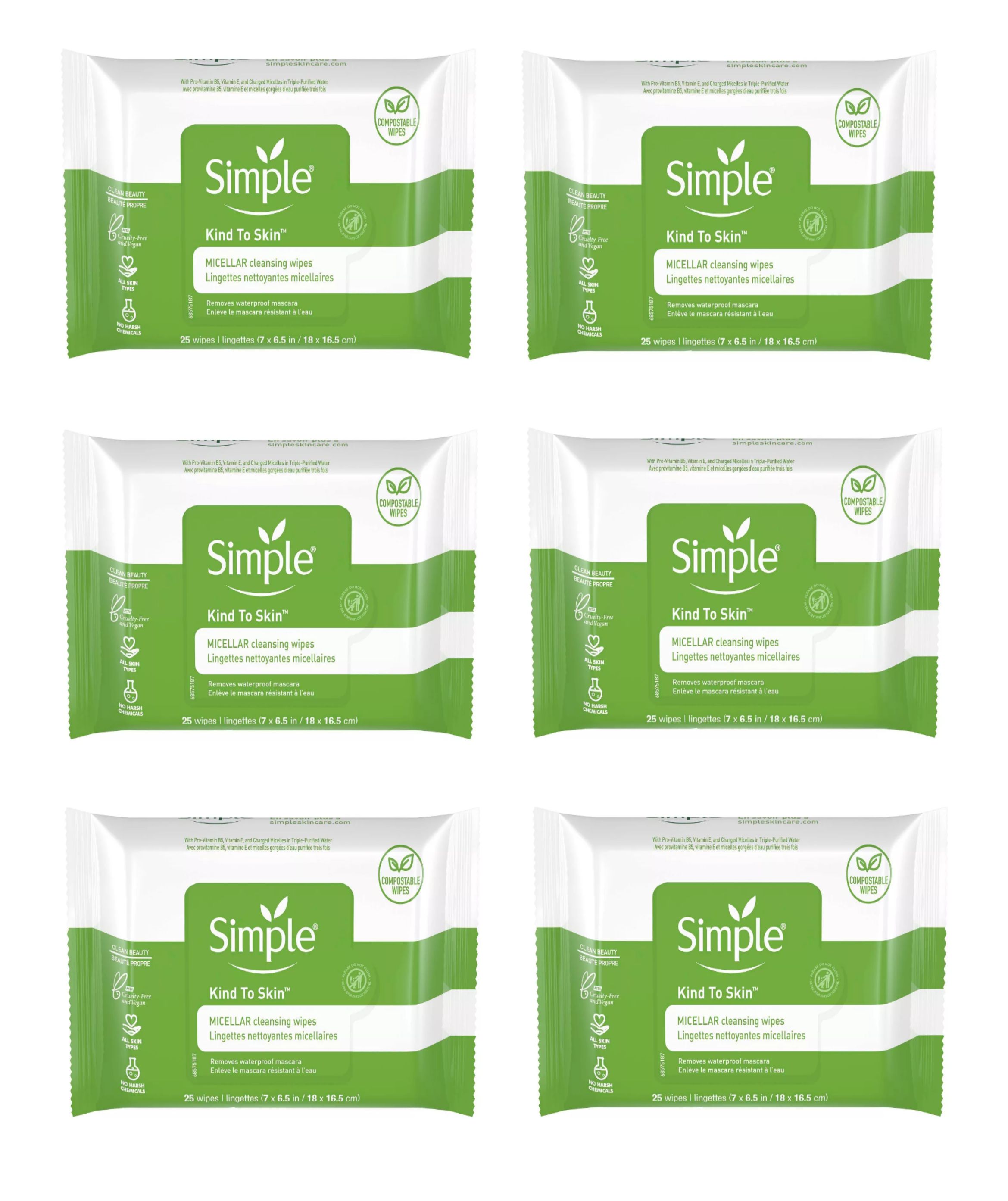 SIMPLE EXFOLIATING MICELLAR Facial Wipes Kind To Skin 6 Packs of 25