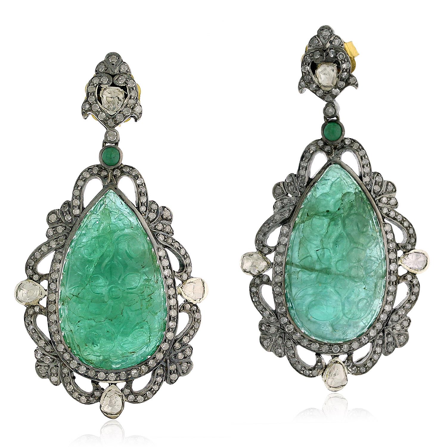 64.14ct Emerald Dangle Earrings 925 Sterling Silver 18k Gold Diamond Jewelry