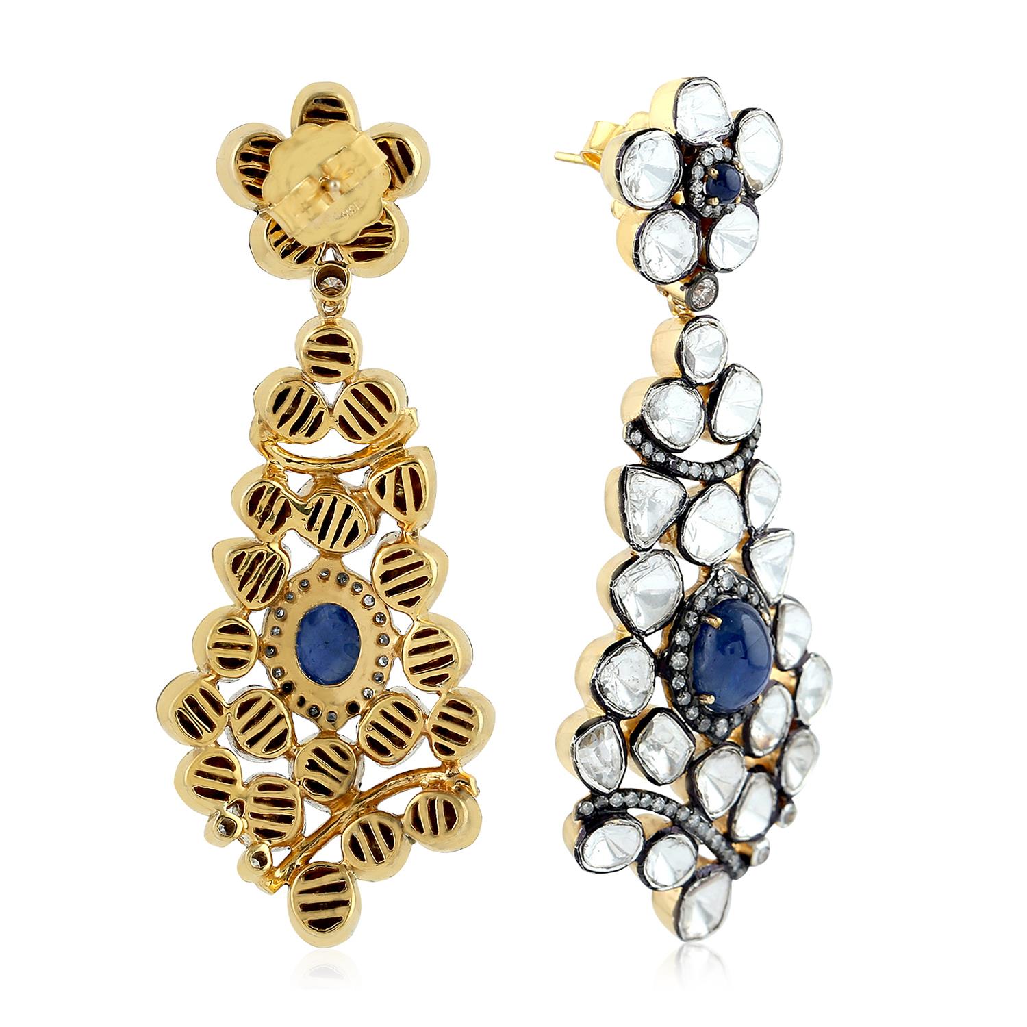 Uncut Diamond Blue Sapphire Beautiful Dangle Earrings Silver 18k Gold