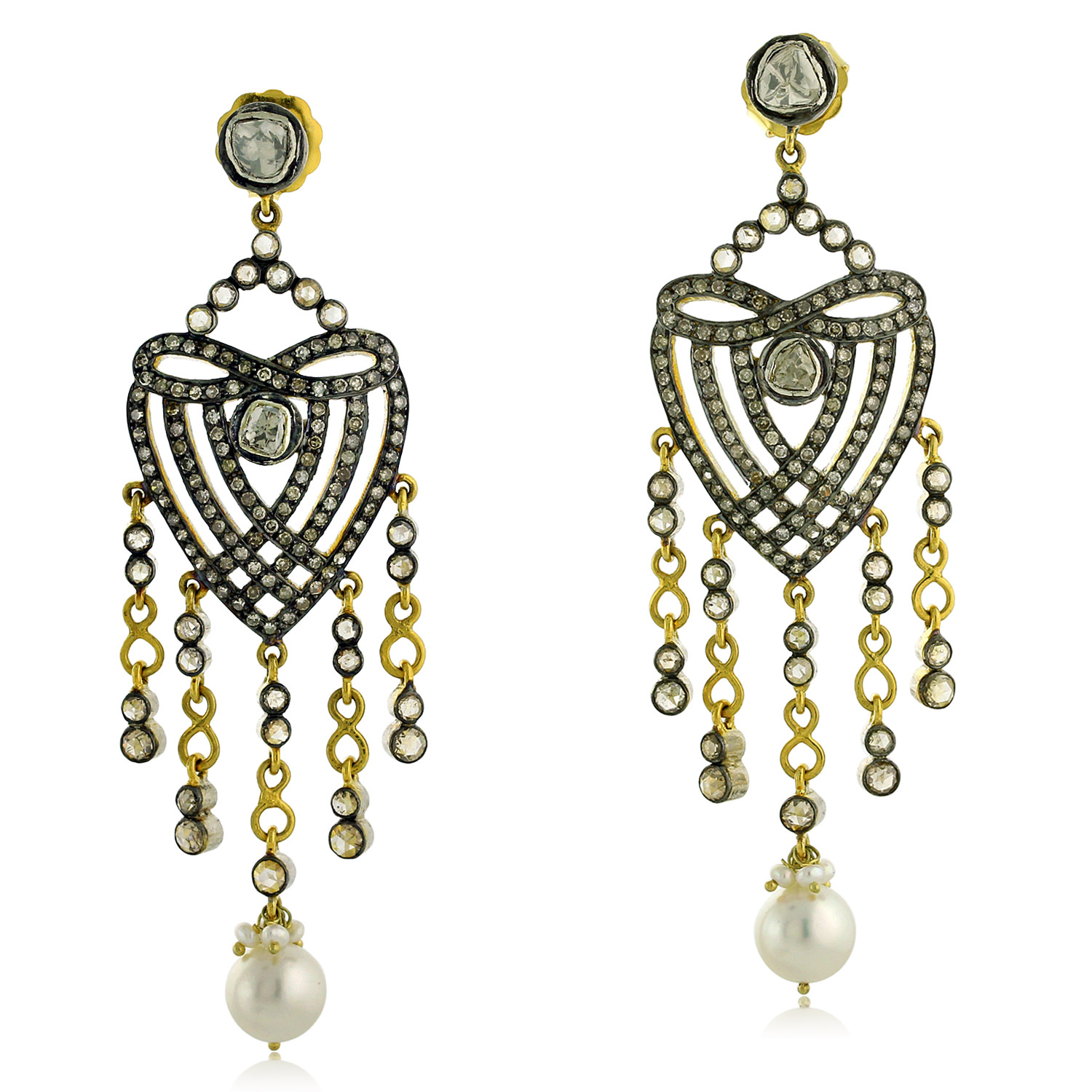 Pave Diamond Pearl Drop Chandelier Earrings 14K Gold Silver Vintage