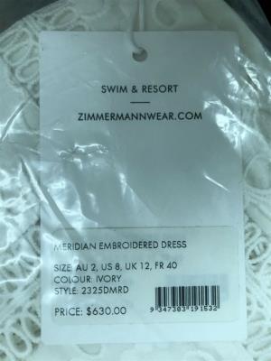 Zimmermann Ivory Meridian Embroidered Dress Size 0 & 2 / US Size 4 & 8 2325DMRD