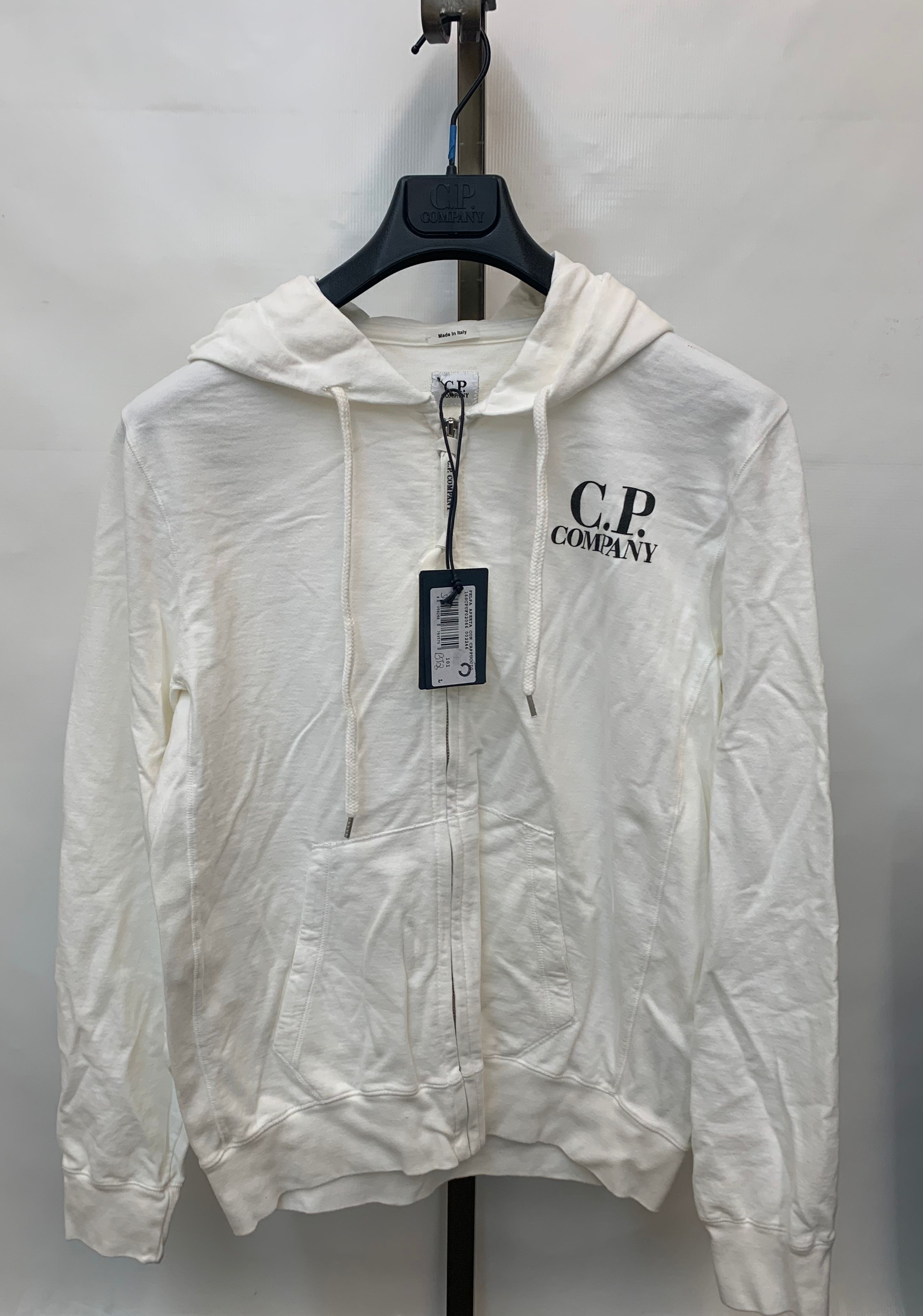 C.P. Company Men's White Cotton Full Zip Sweatshirt with Hood Size