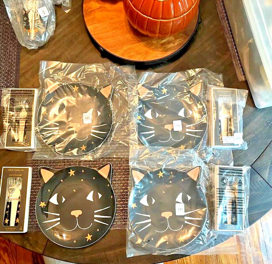 Pottery Barn Disney Halloween Holiday PLATE+UTENSIL party black cat SET 8 kid ! main product image