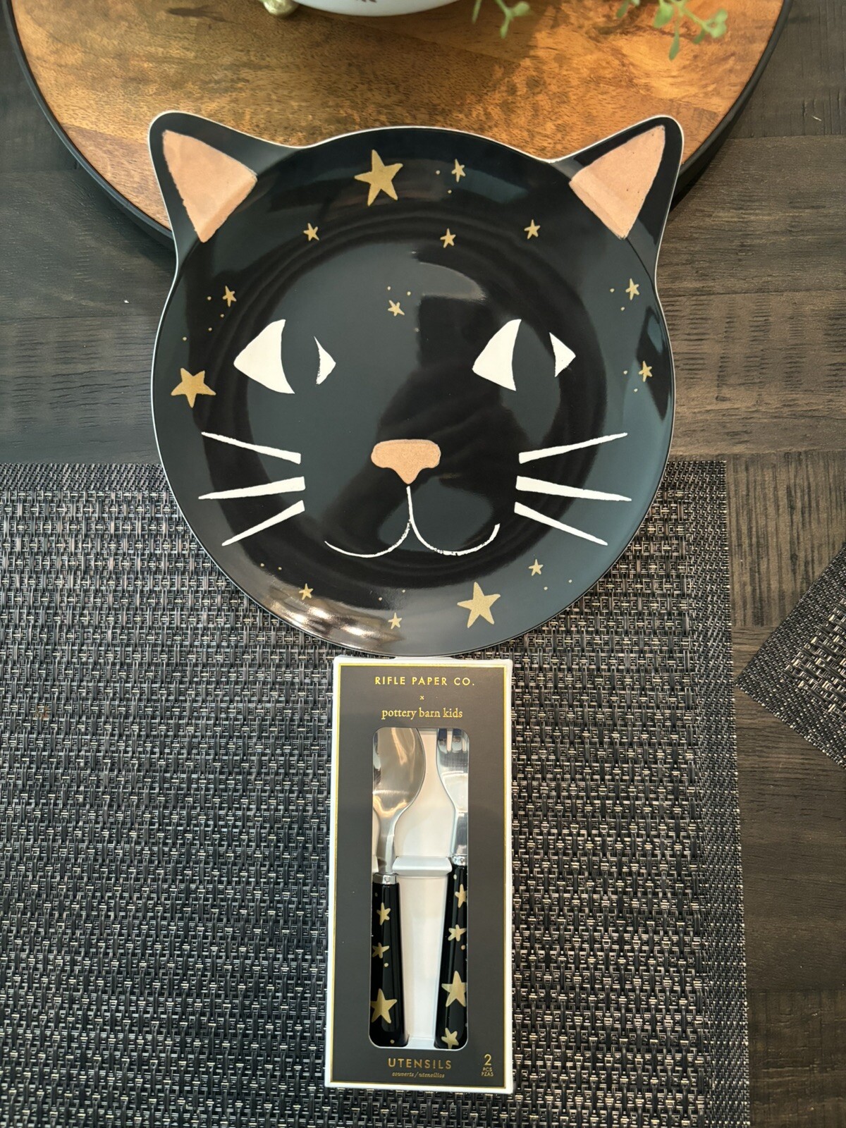 Pottery Barn Disney Halloween Holiday PLATE+UTENSIL party black cat SET 8 kid ! detailed image 4