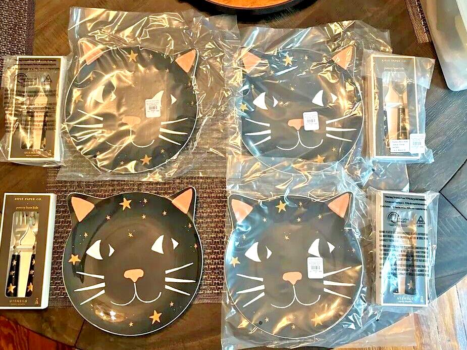 Pottery Barn Disney Halloween Holiday PLATE+UTENSIL party black cat SET 8 kid ! detailed image 5