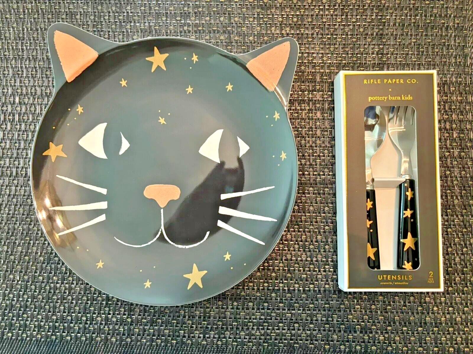 Pottery Barn Disney Halloween Holiday PLATE+UTENSIL party black cat SET 8 kid ! detailed image 12
