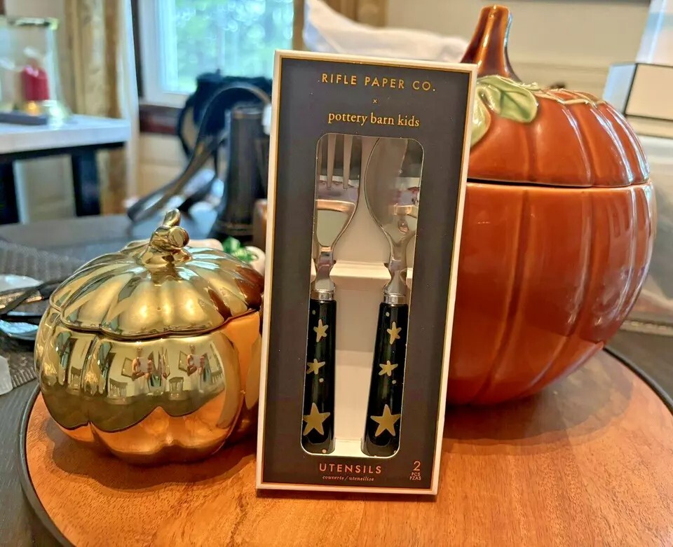 Pottery Barn Disney Halloween Holiday PLATE+UTENSIL party black cat SET 8 kid ! detailed image 13