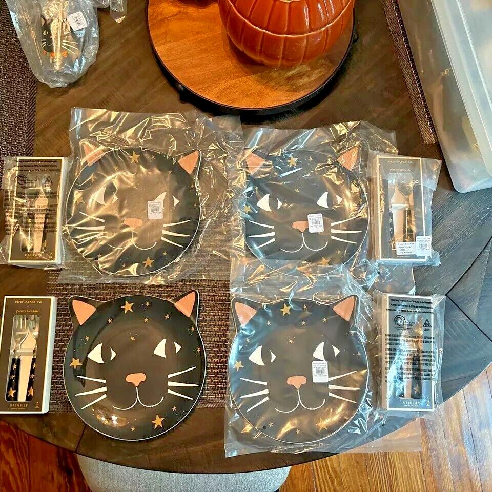 Pottery Barn Disney Halloween Holiday PLATE+UTENSIL party black cat SET 8 kid ! detailed image 14