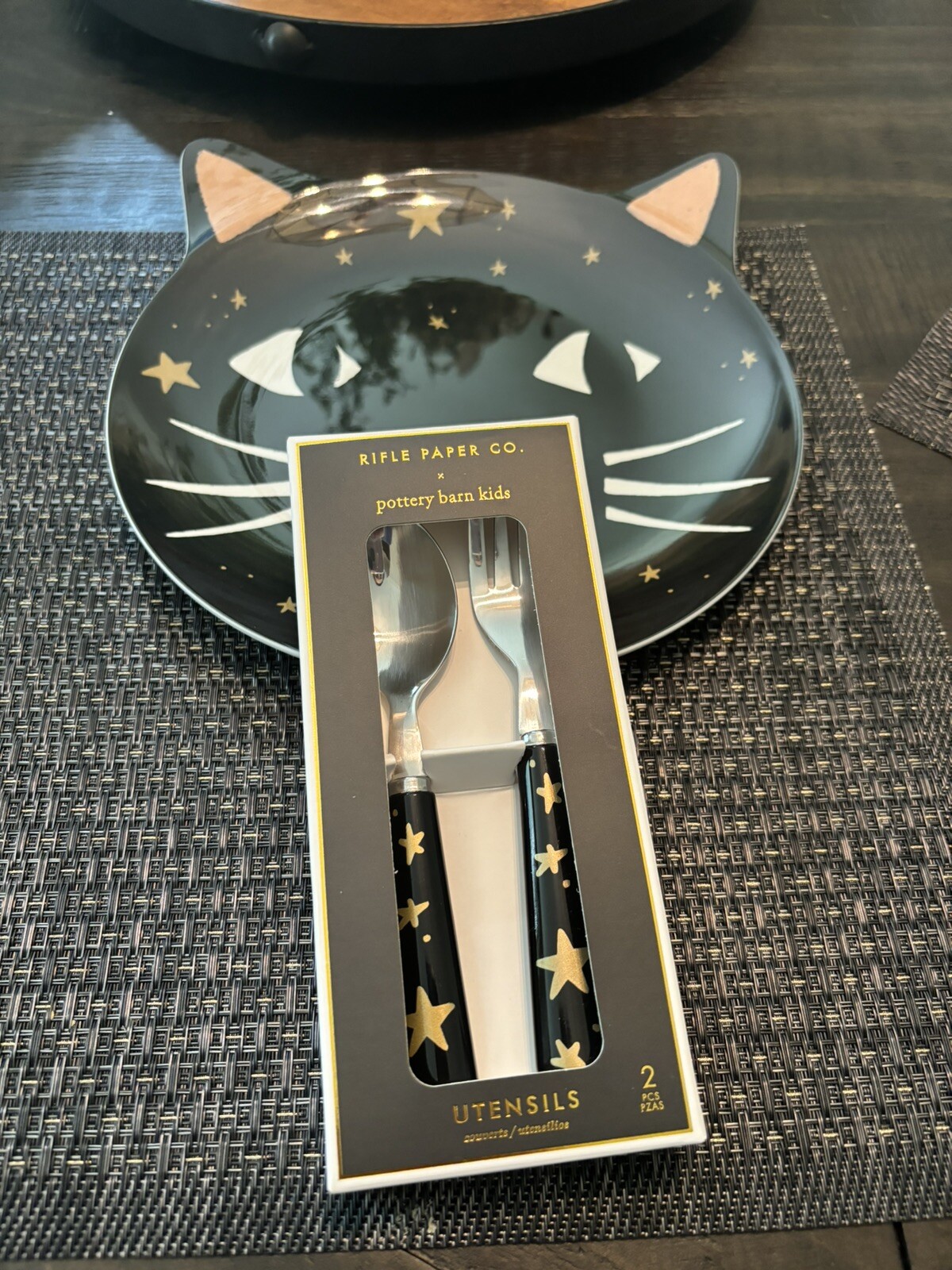 Pottery Barn Disney Halloween Holiday PLATE+UTENSIL party black cat SET 8 kid ! detailed image 19