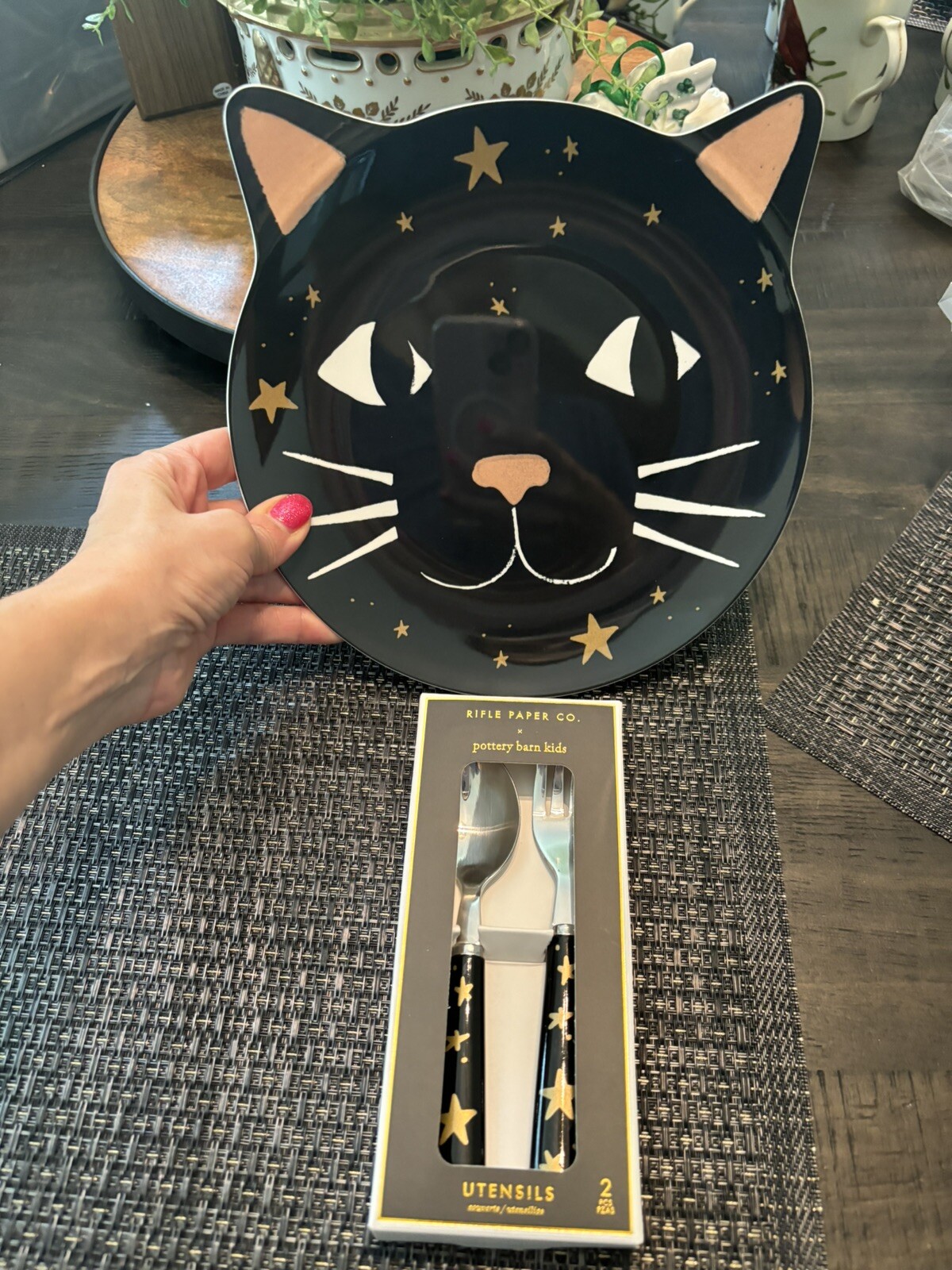 Pottery Barn Disney Halloween Holiday PLATE+UTENSIL party black cat SET 8 kid ! detailed image 24